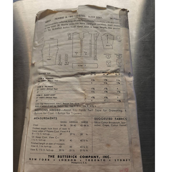 Vintage Butterick 6317 Pajamas in 2 Lengths,‎ Sleep Coat Medium 38-40 - Picture 2 of 3